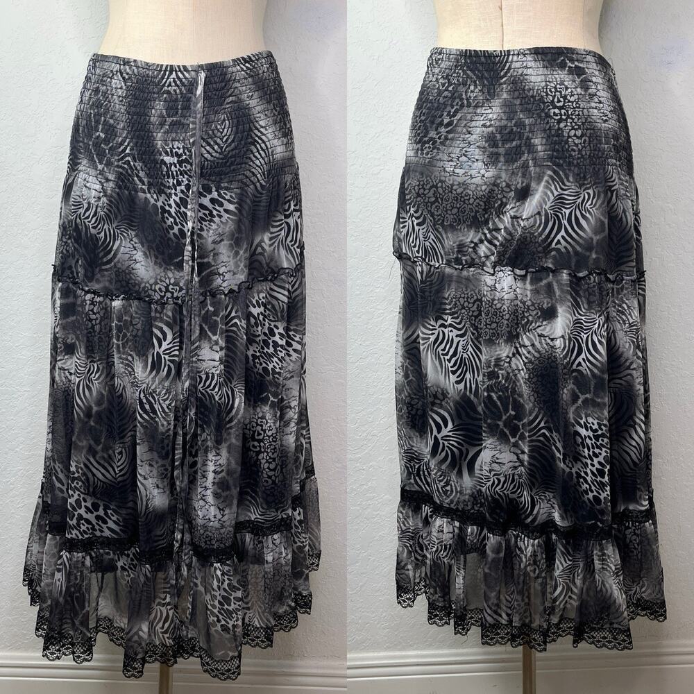 Lapis Mesh Pullon Maxi Skirt tiered animal print Size M, whimsigoth, retro, boho